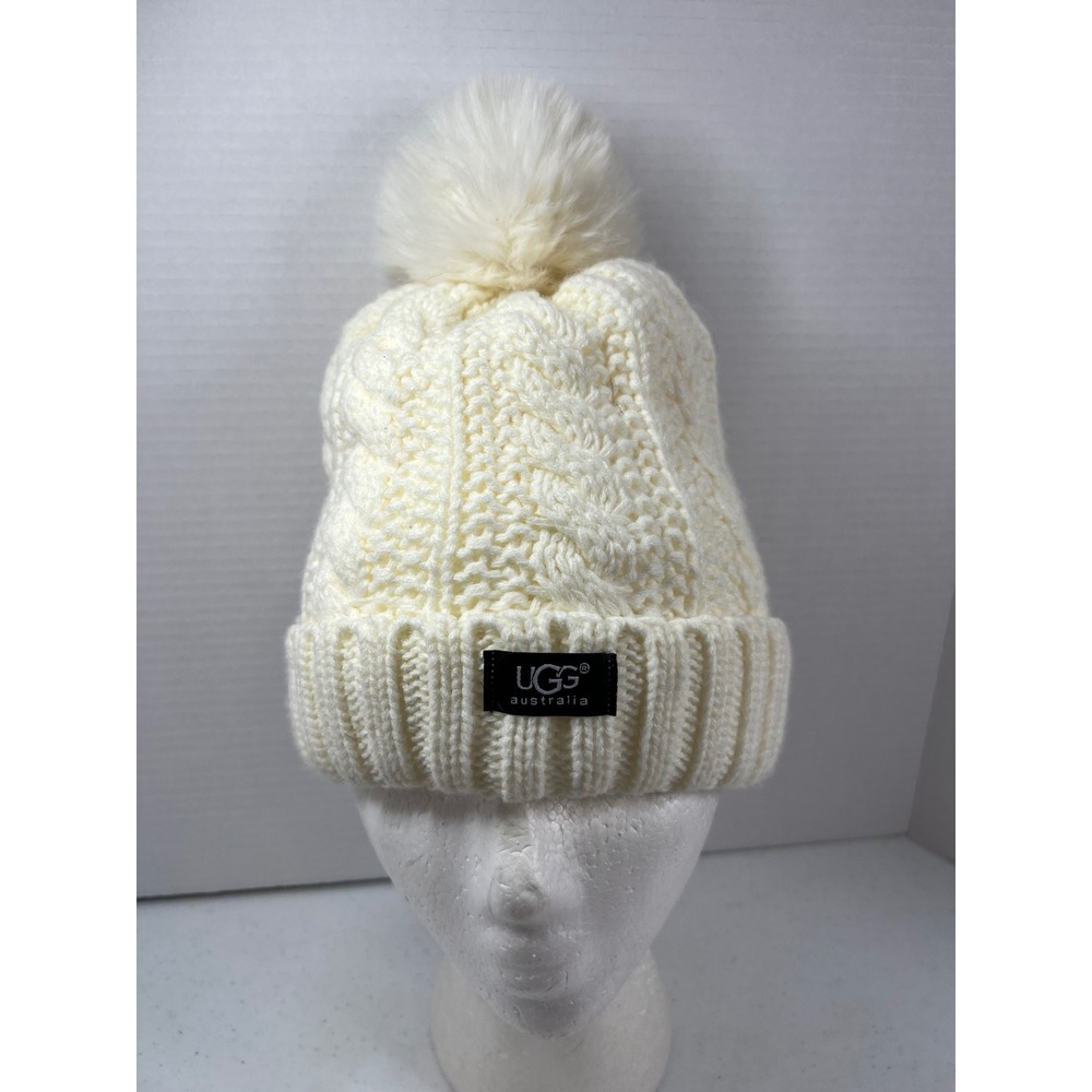 UGG Australia Cream Cable Knit Beanie Fleece Lined Pom Pom Winter Hat